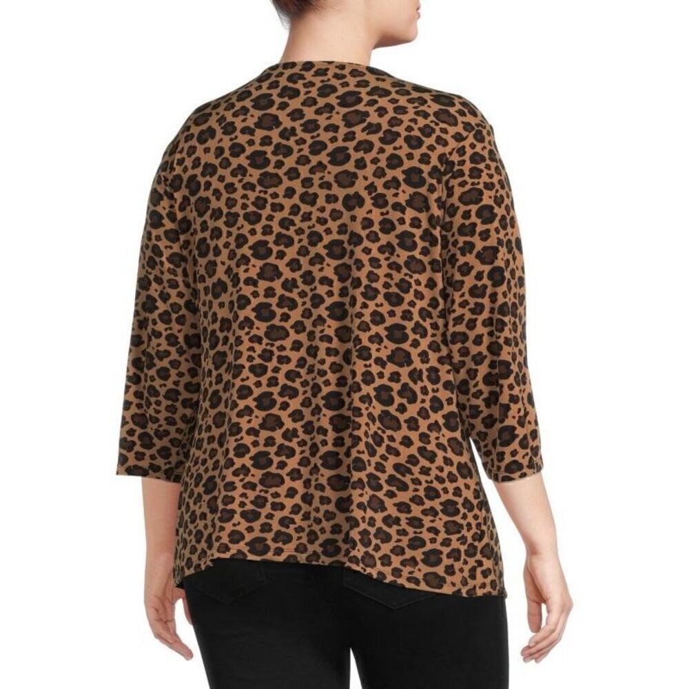 Carmen Marc Valvo 1X Leopard Print 3/4 Sleee Top Brown Tan Ruched Elevated Basic - Picture 3 of 11